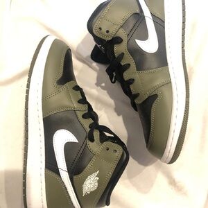 Nike Air Jordan 1 Mid GS Black White Olive Sneakers